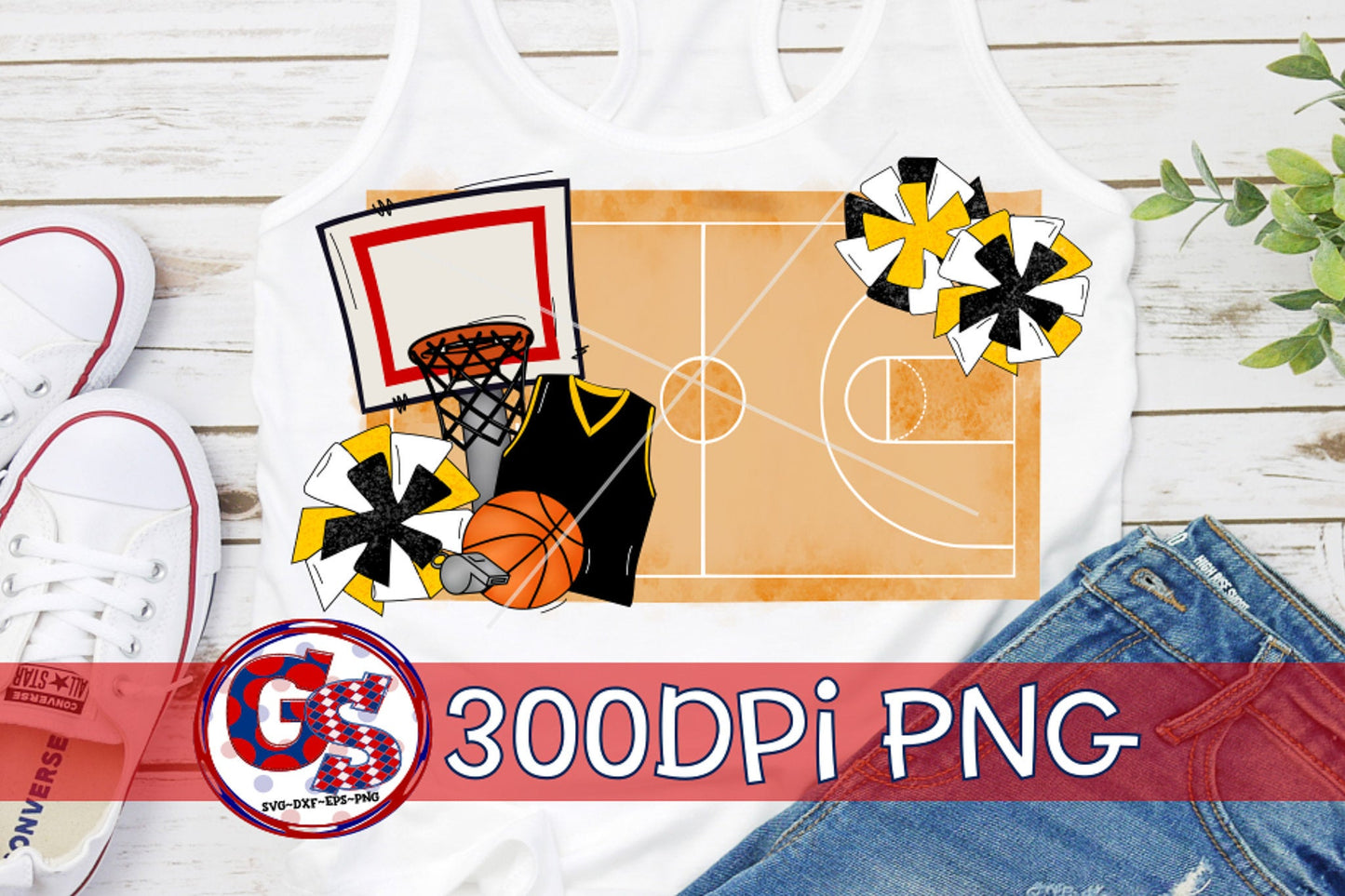 Basketball Pom Poms Black Yellow PNG for Sublimation