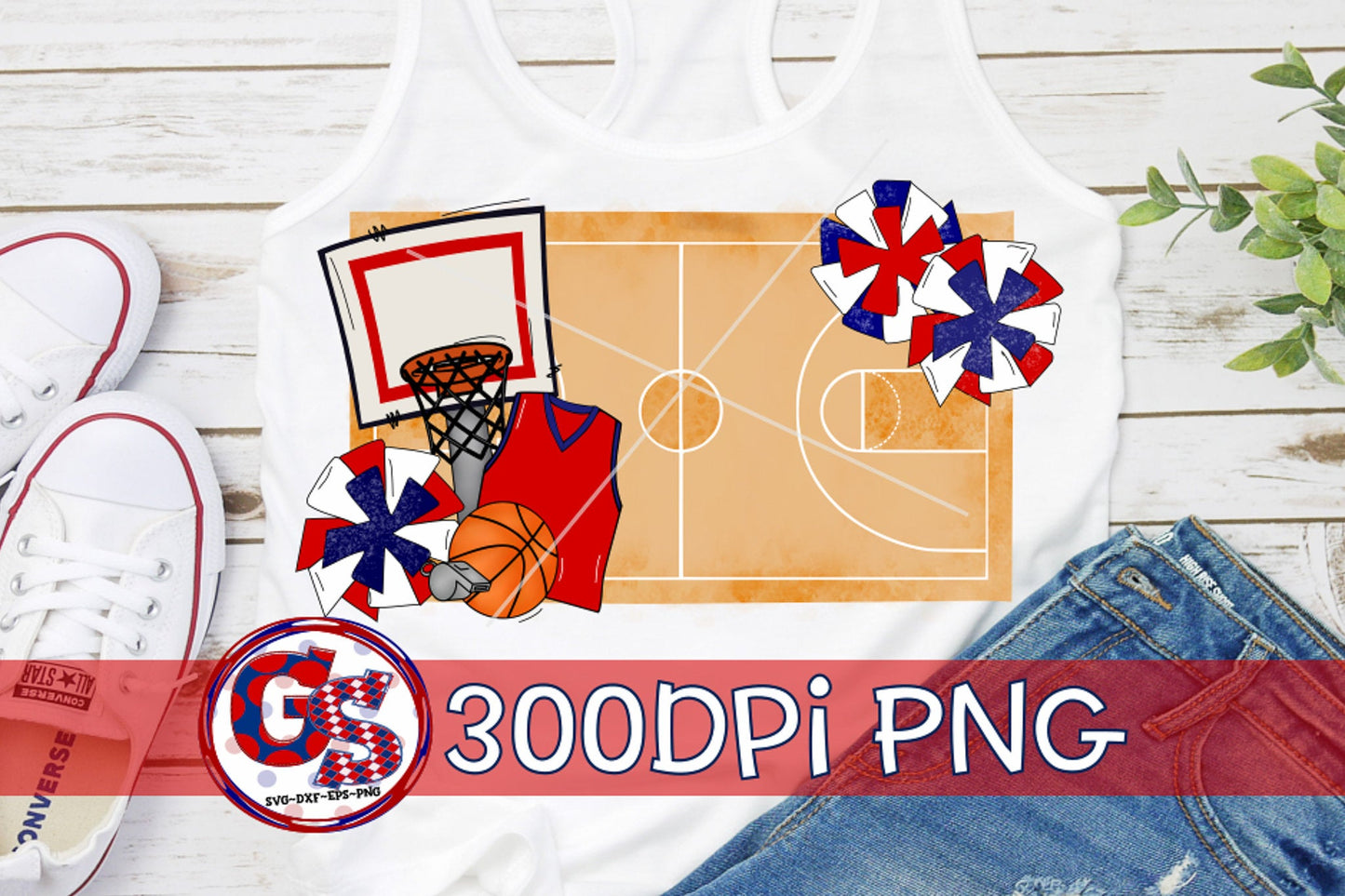 Basketball Court Pom Poms Red and Navy PNG for Sublimation