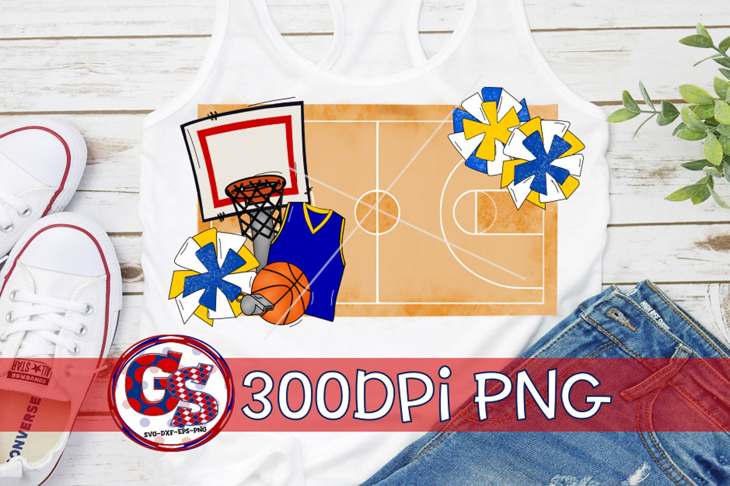 Basketball Court Pom Poms Royal Blue Yellow PNG for Sublimation