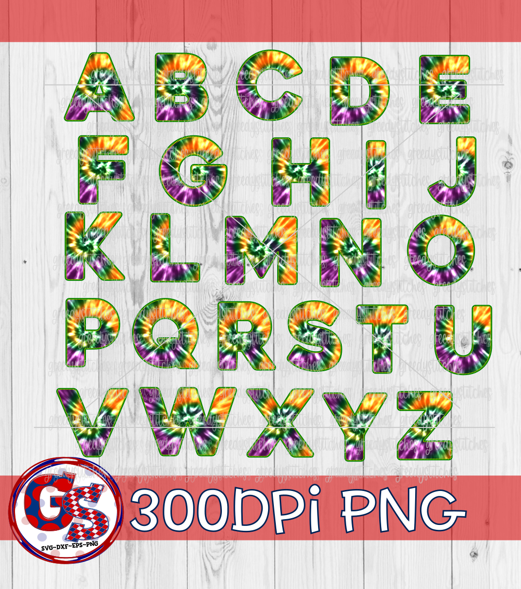 Mardi Gras Tie Dye Alphabet Set PNG for Sublimation