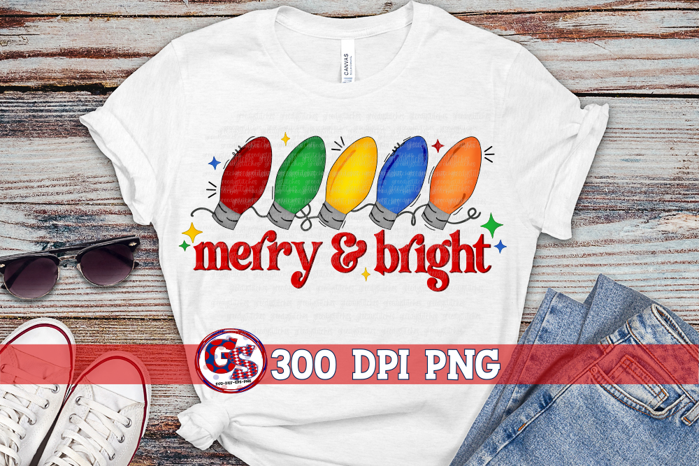 Merry & Bright Christmas Lights PNG for Sublimation