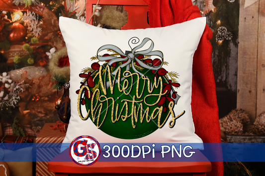 Merry Christmas Ornament Green and Silver PNG for Sublimation