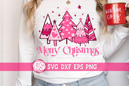 Merry Christmas Pink Christmas Trees SVG DXF EPS PNG