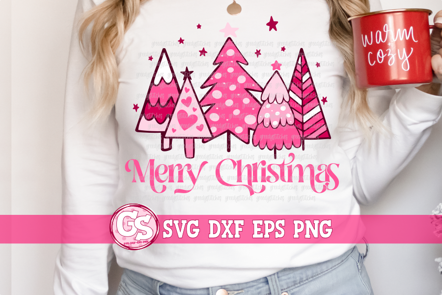 Merry Christmas Pink Christmas Trees SVG DXF EPS PNG