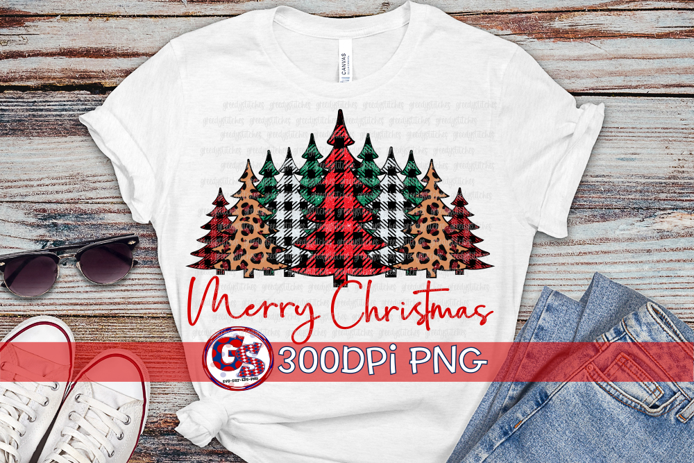 Glitter Buffalo Plaid & Leopard Merry Christmas Trees PNG for Sublimation