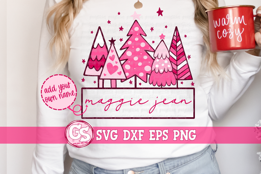 Pink Christmas Trees with Name Box SVG DXF EPS PNG
