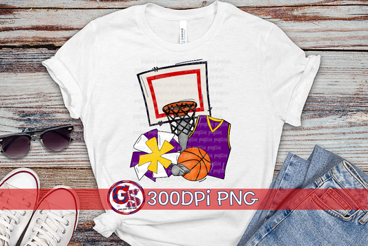 Basketball Set Purple Yellow PNG for Sublimation