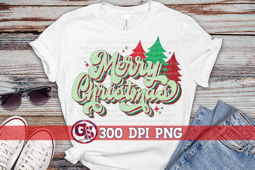 Retro Merry Christmas Trees PNG for Sublimation