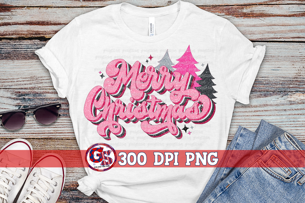 Retro Pink Merry Christmas Trees PNG for Sublimation