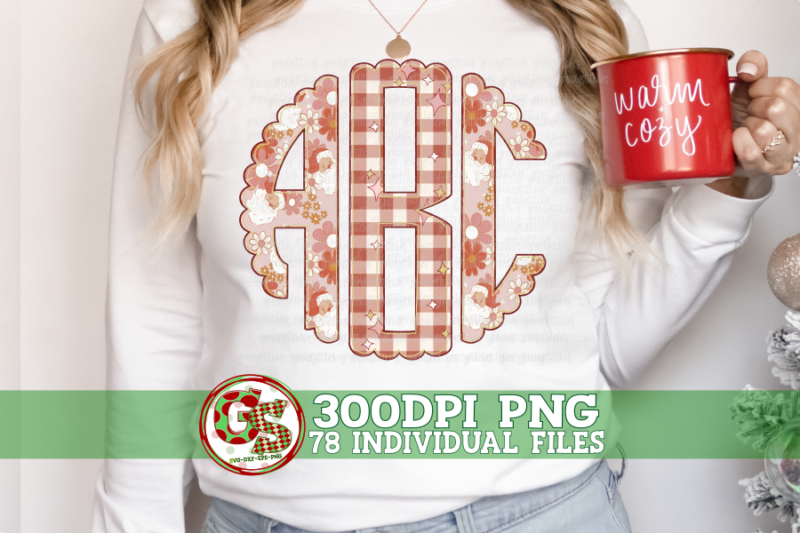 Retro Santa & Gingham Christmas Scalloped Monogram Set PNG