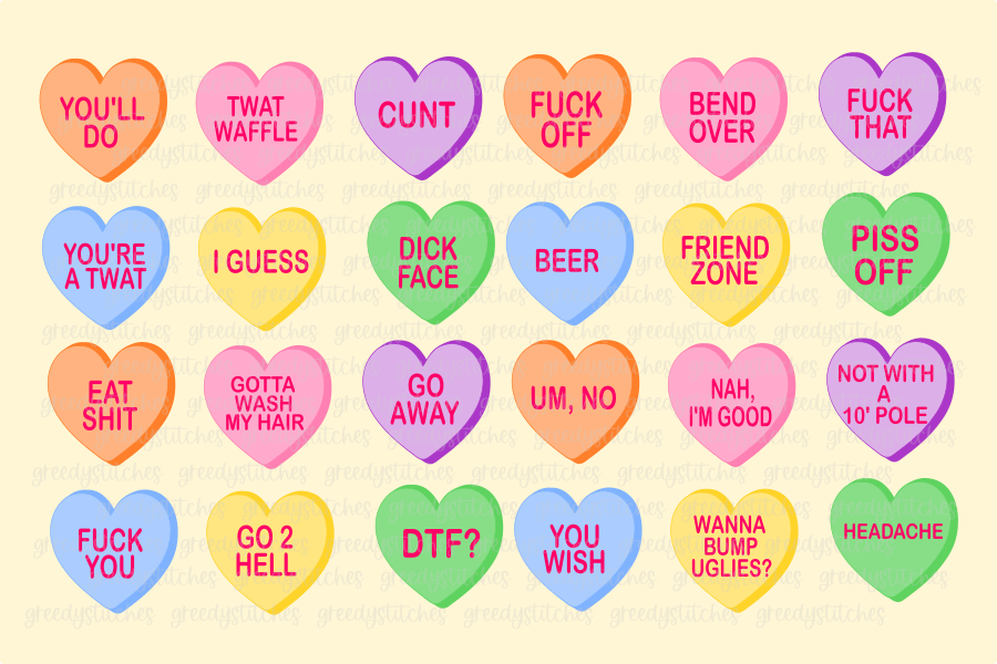 Rude & Crude Conversation Hearts PNG for Sublimation