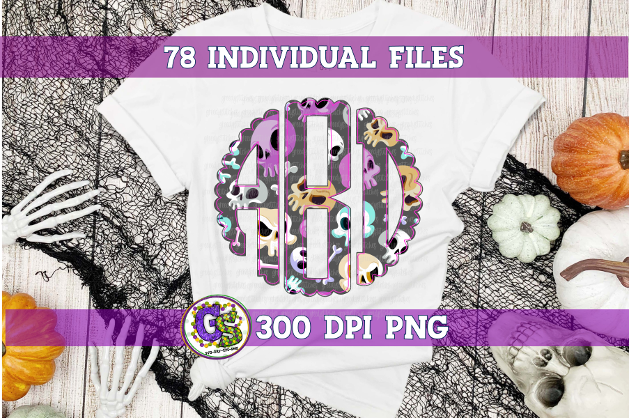 Halloween Skull Scalloped Monogram Set PNG for Sublimation