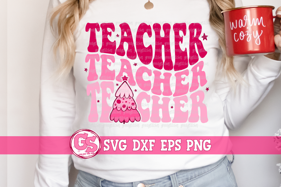 Retro Groovy Teacher Teacher Teacher Pink Christmas Tree SVG DXF EPS PNG