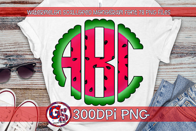 Watermelon Scalloped Monogram Font Set PNG for Sublimation