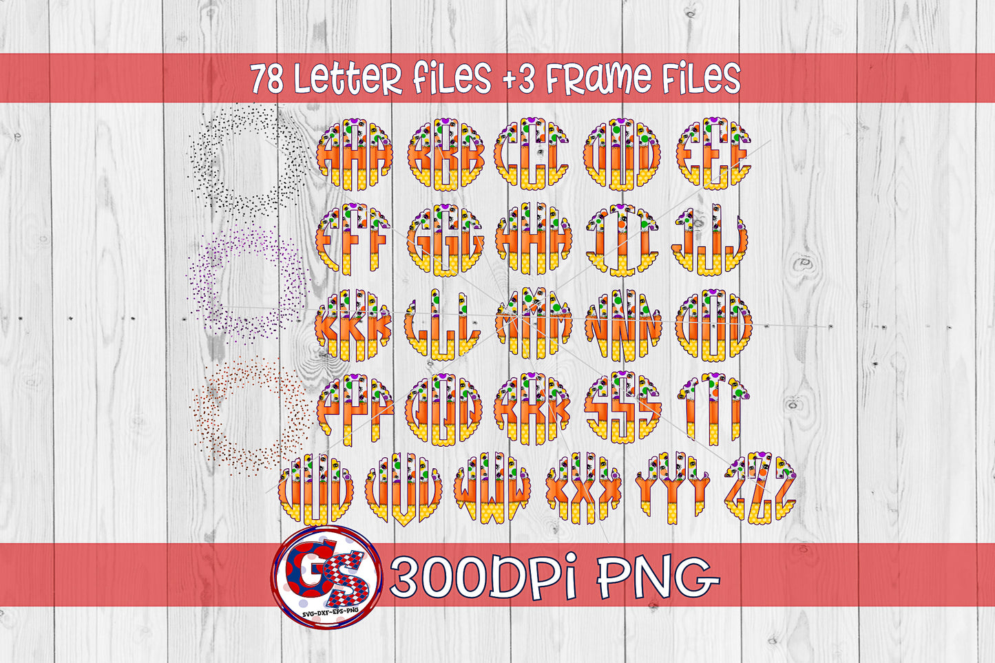 Halloween Candy Corn & Spider Scalloped Monogram Set PNG for Sublimation