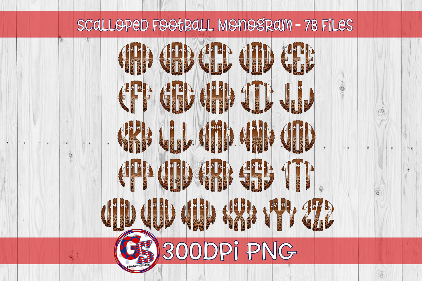 Football Scalloped Monogram Font Set PNG for Sublimation
