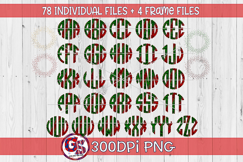 Christmas Glitter Scalloped Monogram Set PNG for Sublimation