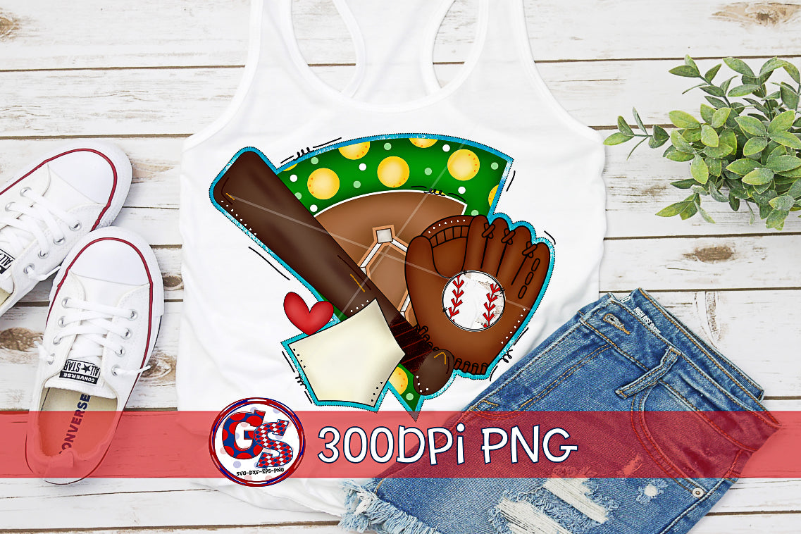 Baseball Field, Bat, Ball, Glove PNG for Sublimation