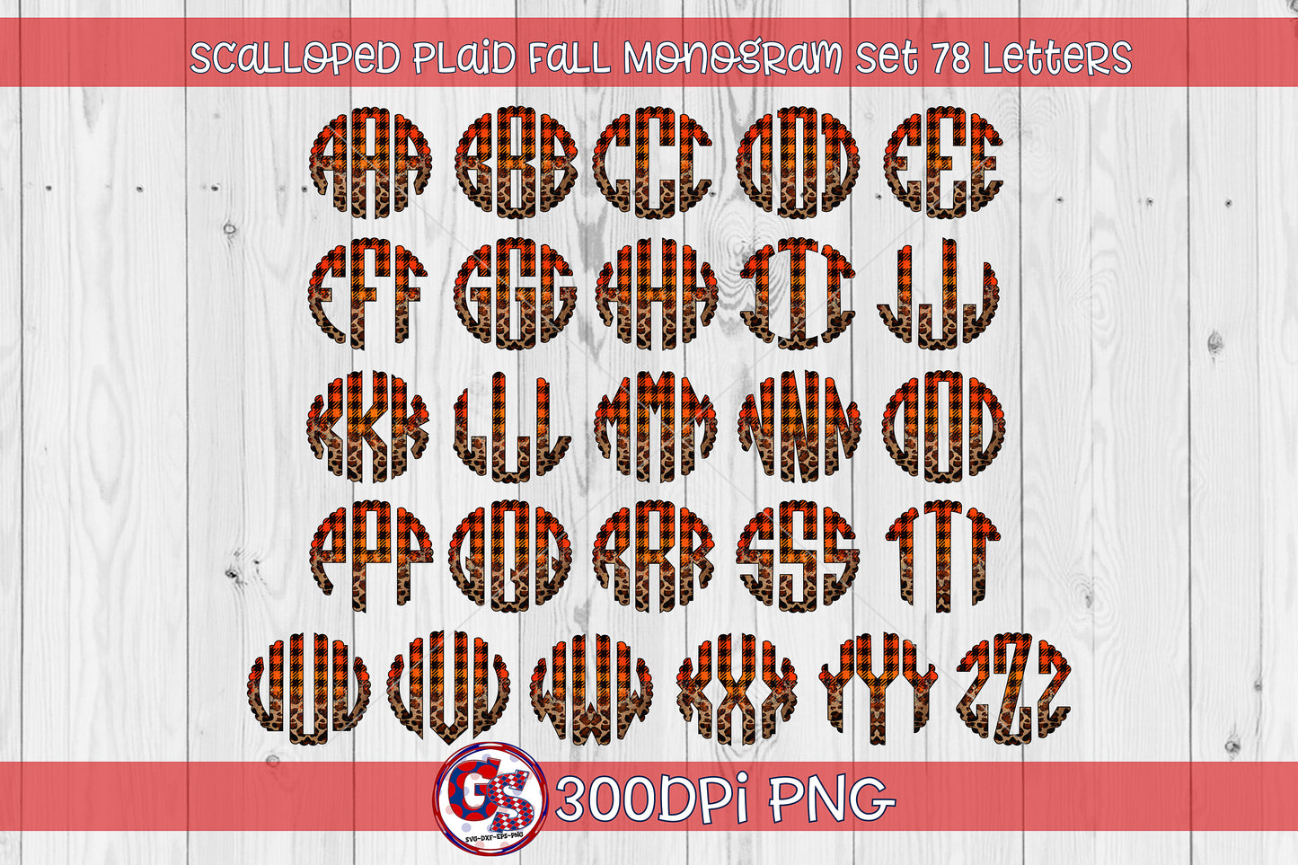 Fall Scalloped Monogram Font Set PNG for Sublimation